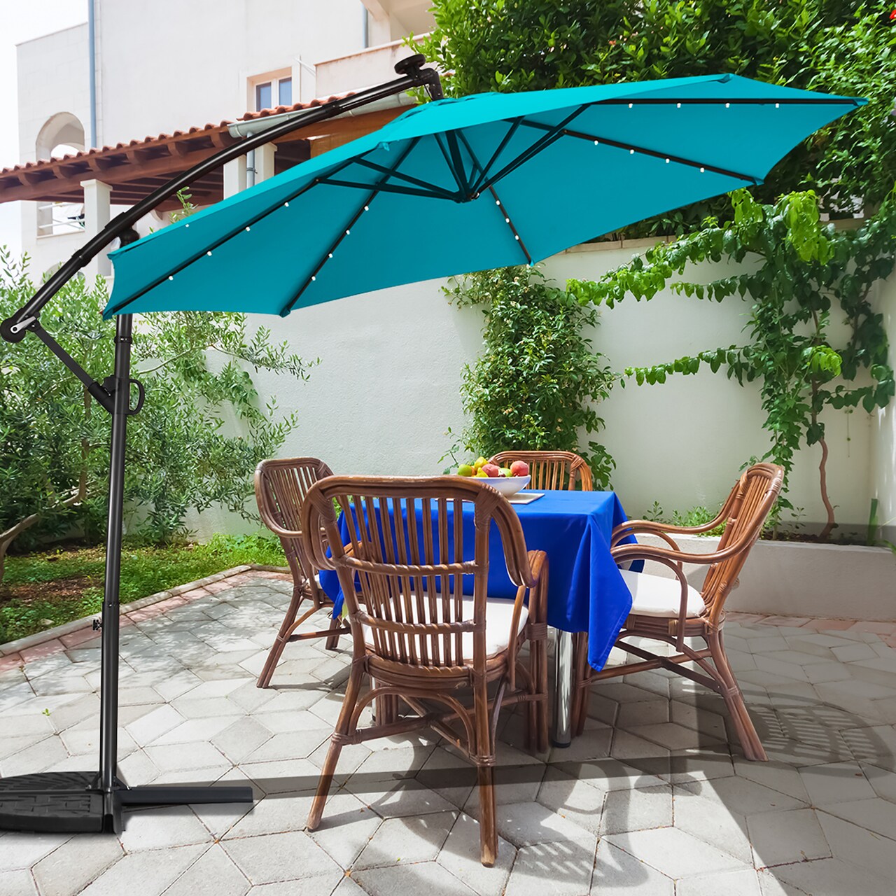 Costway 10FT Patio Offset Umbrella 32 Solar LED Light 360Degree Rotation Aluminum Turquoise